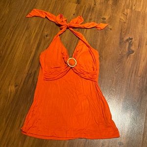 Bright orange halter top with bamboo key hole woven through